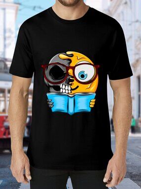 Black Short Sleeve Graphic Tee with Yellow & Blue Emoticon Design